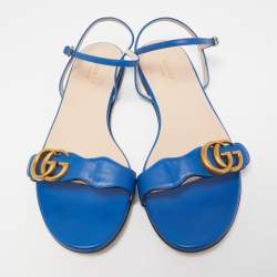 مملوكة مسبقًا Gucci Blue Leather GG Marmont Flat Sandals Size 39.5 