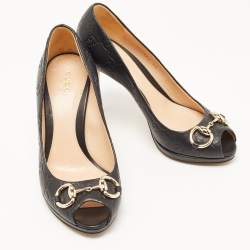 Pre Owned Gucci Black Guccissima Leather Horsebit Peep Toe Platform Pumps Size 36