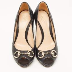 Pre Owned Gucci Black Guccissima Leather Horsebit Peep Toe Platform Pumps Size 36