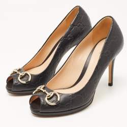 Pre Owned Gucci Black Guccissima Leather Horsebit Peep Toe Platform Pumps Size 36