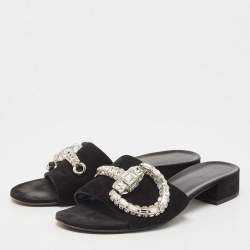 Gucci Black Suede Crystal Maxime Slide Sandals Size 38