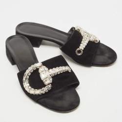 Gucci Black Suede Crystal Maxime Slide Sandals Size 38