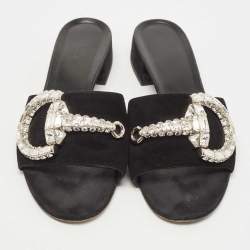 Gucci Black Suede Crystal Maxime Slide Sandals Size 38