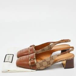 Gucci Beige/Tan GG Canvas and Leather Slingback Block Heel Sandals Size 39.5