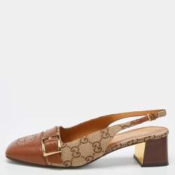 Gucci Beige/Tan GG Canvas and Leather Slingback Block Heel Sandals Size 39.5