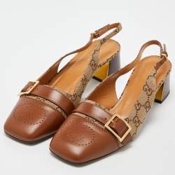 Gucci Beige/Tan GG Canvas and Leather Slingback Block Heel Sandals Size 39.5