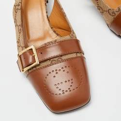 Gucci Beige/Tan GG Canvas and Leather Slingback Block Heel Sandals Size 39.5
