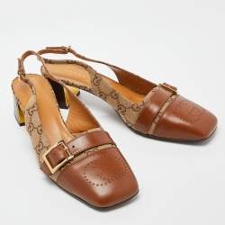 Gucci Beige/Tan GG Canvas and Leather Slingback Block Heel Sandals Size 39.5