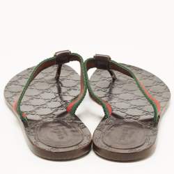 Pre Owned Gucci Tricolor Leather and Canvas Web Interlocking G Thong Flats Size 37.5