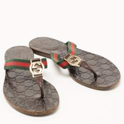 Pre Owned Gucci Tricolor Leather and Canvas Web Interlocking G Thong Flats Size 37.5