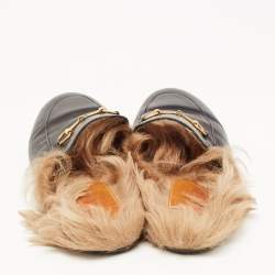 Pre Owned Gucci Black Leather and Fur Princetown Flat Mules Size 40