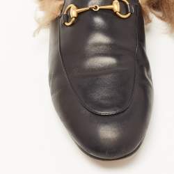 Pre Owned Gucci Black Leather and Fur Princetown Flat Mules Size 40