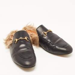 Pre Owned Gucci Black Leather and Fur Princetown Flat Mules Size 40