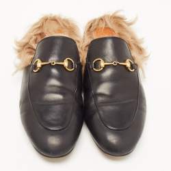 Pre Owned Gucci Black Leather and Fur Princetown Flat Mules Size 40