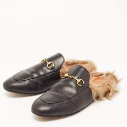 Pre Owned Gucci Black Leather and Fur Princetown Flat Mules Size 40
