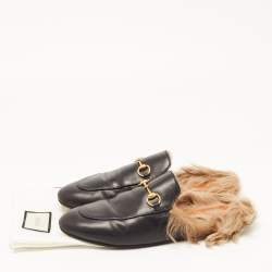Pre Owned Gucci Black Leather and Fur Princetown Flat Mules Size 40