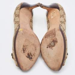 Pre Owned Gucci Beige Canvas Peep Toe Hollywood Pumps Size 37