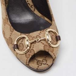 Pre Owned Gucci Beige Canvas Peep Toe Hollywood Pumps Size 37