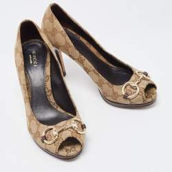 Pre Owned Gucci Beige Canvas Peep Toe Hollywood Pumps Size 37
