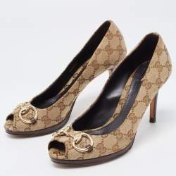 Pre Owned Gucci Beige Canvas Peep Toe Hollywood Pumps Size 37