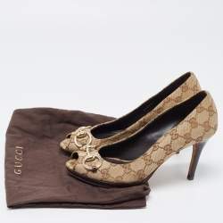Pre Owned Gucci Beige Canvas Peep Toe Hollywood Pumps Size 37