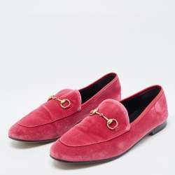 Pre Owned Gucci Pink Velvet Jordaan Horsebit Slip On Loafers Size 39.5