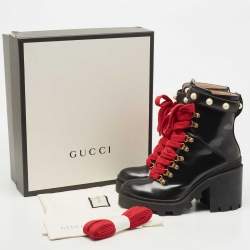 Pre Owned Gucci Black Leather Trip Pearl Embellished Block Heel Ankle Boots Size 40