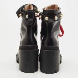 Pre Owned Gucci Black Leather Trip Pearl Embellished Block Heel Ankle Boots Size 40