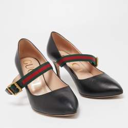 Pre Owned Gucci Black Leather Sylvie Web Buckle Mary Jane Pointed Toe Pumps Size 39