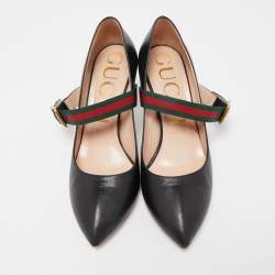 Pre Owned Gucci Black Leather Sylvie Web Buckle Mary Jane Pointed Toe Pumps Size 39