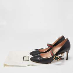 Pre Owned Gucci Black Leather Sylvie Web Buckle Mary Jane Pointed Toe Pumps Size 39