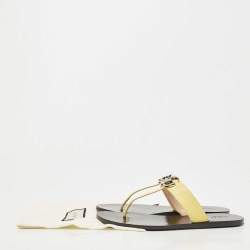 Pre Owned Gucci Yellow Leather Double G Thong Flats Size 39