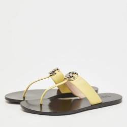 Pre Owned Gucci Yellow Leather Double G Thong Flats Size 39