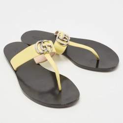Pre Owned Gucci Yellow Leather Double G Thong Flats Size 39