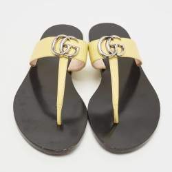 Pre Owned Gucci Yellow Leather Double G Thong Flats Size 39