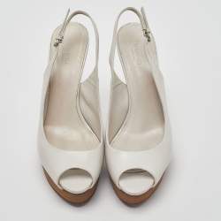 Gucci White Leather Wooden Wedge Slingback Sandals Size 37.5