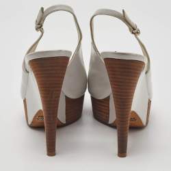 Gucci White Leather Wooden Wedge Slingback Sandals Size 37.5