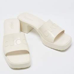 Gucci Off White Rubber Embossed Logo Slide Sandals Size 37