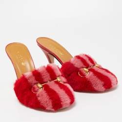 مملوكة مسبقًا Gucci x Adidas Red/Pink Shearling Fur Horsebit Mules Size 36.5