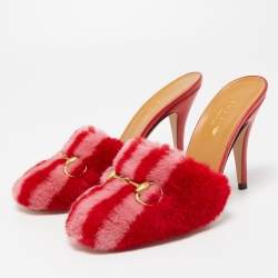 مملوكة مسبقًا Gucci x Adidas Red/Pink Shearling Fur Horsebit Mules Size 36.5