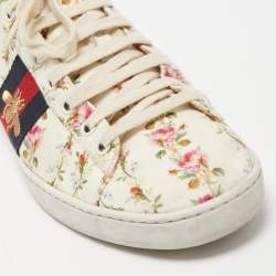 Gucci Cream Canvas And Leather  Flower Ace Low Top Sneakers Size 38.5