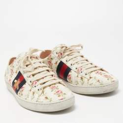 Gucci Cream Canvas And Leather  Flower Ace Low Top Sneakers Size 38.5