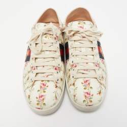 Gucci Cream Canvas And Leather  Flower Ace Low Top Sneakers Size 38.5