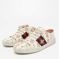 Gucci Cream Canvas And Leather  Flower Ace Low Top Sneakers Size 38.5