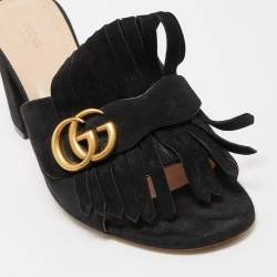 Gucci Black Suede Double G Block Heel Slides Size 42