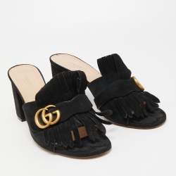 Gucci Black Suede Double G Block Heel Slides Size 42