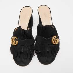 Gucci Black Suede Double G Block Heel Slides Size 42