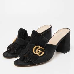 Gucci Black Suede Double G Block Heel Slides Size 42