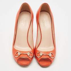 مملوكة مسبقًا Gucci Orange Leather Hollywood Horsebit Peep Toe  Pumps Size 37