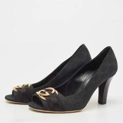 Gucci Black GG Canvas Interlocking G Buckle Open Toe Pumps Size 38